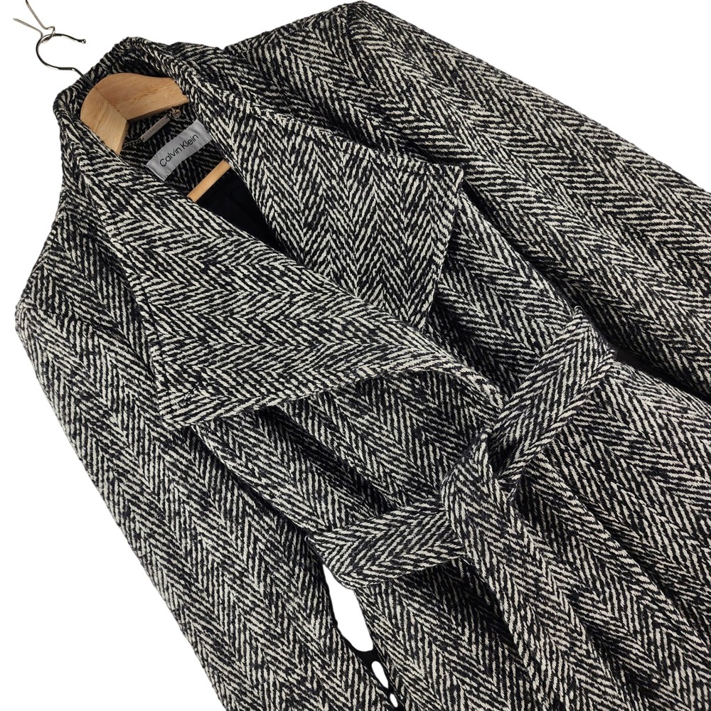 Calvin Klein Women's Herringbone Belted Wrap Coat Black White Wool Blend XL